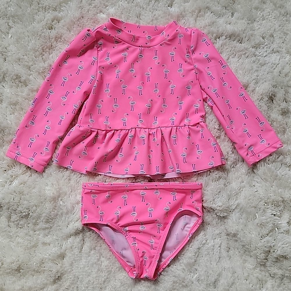 CARTER'S 2-PIECE PINK FLAMINGO RASHGUARD SWIMSUIT, SIZE 9 MONTHS